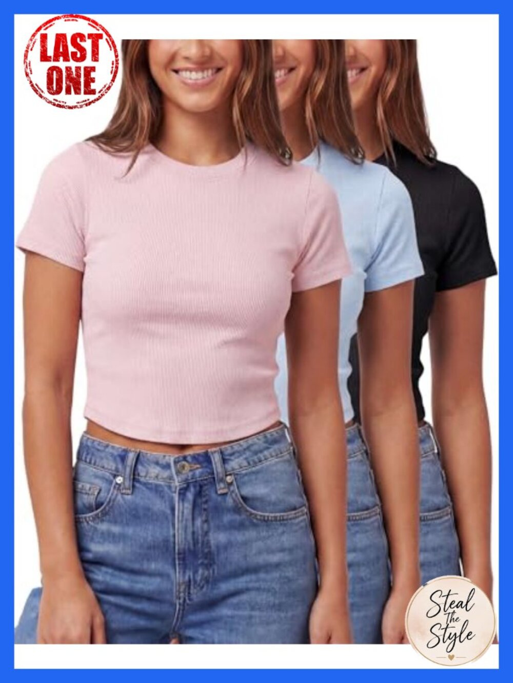 3 Pack Ribbed Cotton Cropped Cap Sleeve Tees Fitted Crew Neck Tops